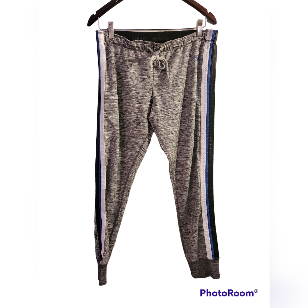 Pink brand sweatpants. Gray with blue and black stripes. Size large